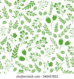Vector floral seamless pattern with green garden plants and flowers