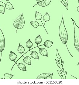 Vector floral seamless pattern. Green background with different leaves. Hand drawn contour lines and strokes. Graphic vector illustration