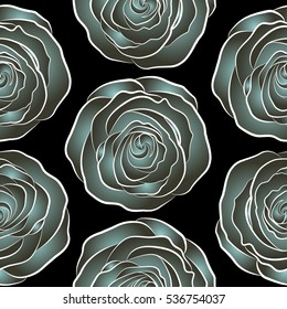 Vector floral seamless pattern. Green and blue roses isolated on a black background.
