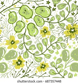 vector floral seamless pattern with greens and flowers