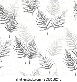 Vector floral seamless pattern with grey fern leaves, dill, chicory flowers and shepherd's purse plant . Thin delicate lines hand drawn silhouettes in pastel colors. 