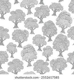 Vector floral seamless pattern. Grey trees contour on a white background, Coloring book page