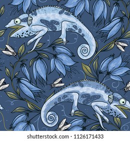vector floral seamless pattern with hameleons and flies