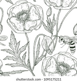 vector floral seamless pattern with hand drawn poppies and bees