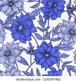 Vector floral seamless pattern with hand drawn dahlias. Blue flowers on white background.