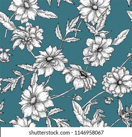 Vector floral seamless pattern with hand drawn dahlias. White vintage flowers on blue background.