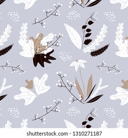 Vector floral seamless pattern in hand drawn style. Leaves and flowers