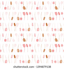 Vector floral seamless pattern with hand drawn tulips. Background with pastel colored flowers and leaves outlines.