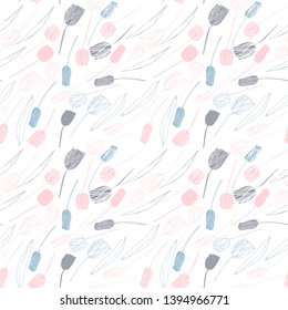 Vector floral seamless pattern with hand drawn tulips. Background with pastel colored flowers and leaves outlines.