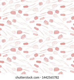 Vector floral seamless pattern with hand drawn tulips. Background with pastel colored flowers and leaves outlines.