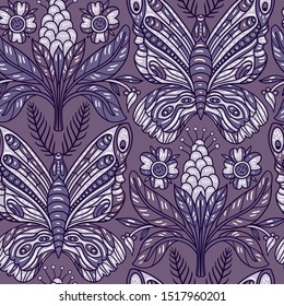 vector floral seamless pattern with hand drawn butterflies and blooms on a violet background