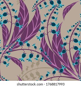 Vector floral seamless pattern. Hand drawn illustration with сonvallaria flowers (lily of the valley), leaves. Elegant botanical background texture. Blue, purple, beige color. Repeat design for decor
