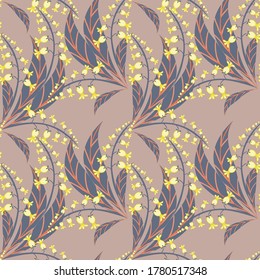 Patrón vector floral sin soldadura. Dibujo a mano con с flores onvallaria (lirio del valle), hojas. Elegante textura de fondo botánico en colores pastel. Nuevo diseño para la decoración, papel pintado