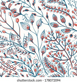 vector floral seamless pattern with hand drawn herbs and berries