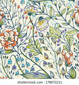 vector floral seamless pattern with hand drawn flowers and plants