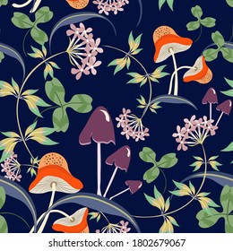 Vector floral seamless pattern with hand drawn mushrooms, flowers, leaves. Elegant floral background. Modern doodle style texture. Stylish natural wallpapers. Repeat design for decor, textile, print