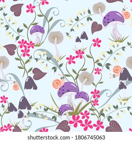 Vector floral seamless pattern with hand drawn mushrooms, flowers, leaves, snails. Funny cartoon style texture. Vintage background. Forest nature theme. Cute repeat design for kids, boys and girls