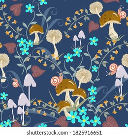 Vector floral seamless pattern with hand drawn mushrooms, flowers, leaves, snails. Cute doodle style texture. Vintage background. Funny repeat design for kids, boys and girls, for decor, print, fabric