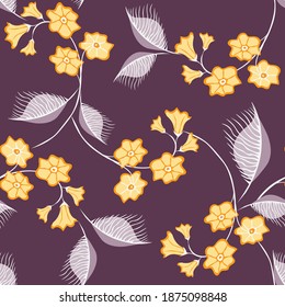 Vector floral seamless pattern with hand drawn flowers, leaves. Elegant floral background. Stylish natural wallpapers. Ethnic style. Yellow and purple color. Repeat design for decor, textile, print