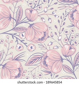 vector floral seamless pattern with hand drawn roses and berries