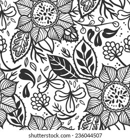 vector floral seamless pattern with hand drawn abstract  flowers and plants