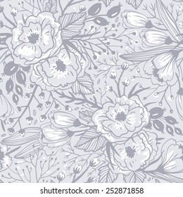 vector floral seamless pattern with hand drawn sketchy roses and plants