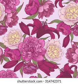 Patrón vectorial sin costuras, con peonías rosadas y blancas dibujadas a mano, lirios rojos. Fondo floral de estilo vintage