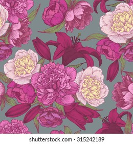 Vector floral seamless pattern with hand drawn pink and white peonies, red lilies. Floral background in vintage style