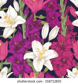 Vector floral seamless pattern with hand drawn gladiolus flowers and white lilies. Floral background in vintage style