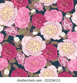 Vector floral seamless pattern with hand drawn peonies and roses. Floral background in vintage style 