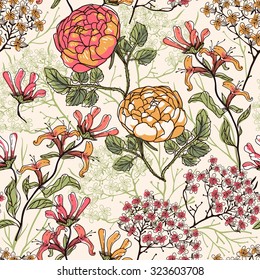 vector floral seamless pattern with hand drawn blooming flowers and plants