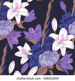 Vector floral seamless pattern with hand drawn gladiolus flowers, lilies and roses in vintage style