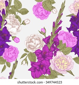 Vector floral seamless pattern with hand drawn gladiolus flowers, roses and peonies in vintage style