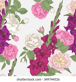 Vector floral seamless pattern with hand drawn gladiolus flowers, roses and peonies in vintage style