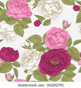 Vector floral seamless pattern with hand drawn roses in vintage style