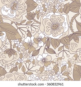 vector floral seamless pattern with hand drawn roses and berries on a beige background