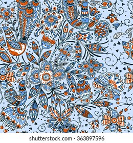 vector floral seamless pattern with hand drawn folk flowers and birds