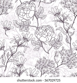 vector floral seamless pattern with hand drawn linear blooms and herbs