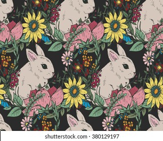 Vector floral seamless pattern with hand drawn flowers and cute rabbits. Endless background for kids. Easter illustration.