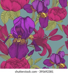 Vector floral seamless pattern with hand drawn iris, lilies and roses. Background in vintage style
