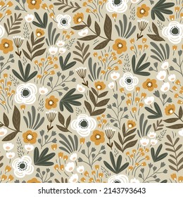 Vector floral seamless pattern in hand-drawn style. Boho summer flowers repeat background. Botany seamless fabric design.