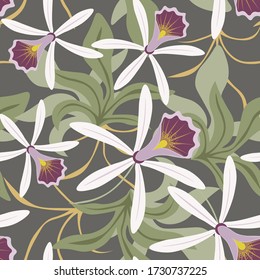 Patrón vectorial sin costura en estilo hawaiano con flores de orquídea rosa dibujadas a mano y hojas verdes. Resumen del fondo tropical. Diseño de verano estiloso para textiles, papel pintado, estampado de azulejos