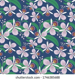Vector floral seamless pattern in hawaiian style with hand drawn orchid flowers and green leaves. Abstract tropical background texture. Stylish summer design for textile, wallpapers, fabric, print