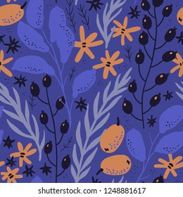 vector floral seamless pattern with herbs, fruits and berries on a violet background