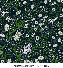 vector floral seamless pattern with herbs and insects