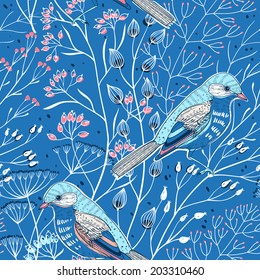 vector floral seamless pattern with herbs and birds