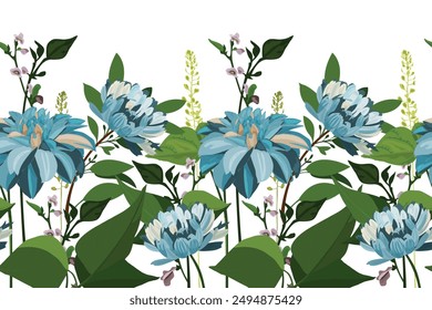 Vector floral sin patrón, borde Horizontal. Flores azules, hojas verdes sobre un fondo blanco.