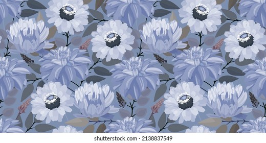Vector floral seamless pattern. Illustration with dahlias, zinnias and marigolds. Lilac garden flowers.