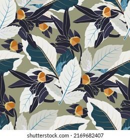 Vector floral seamless pattern. Illustration with leaves and buds isolated on an olive colored background. Floral design for decorating surfaces, wallpapers, cards and more.