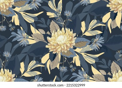 Patrón vector floral sin soldadura. Ilustración con crisantemos amarillos y flores azules en un fondo azul marino.